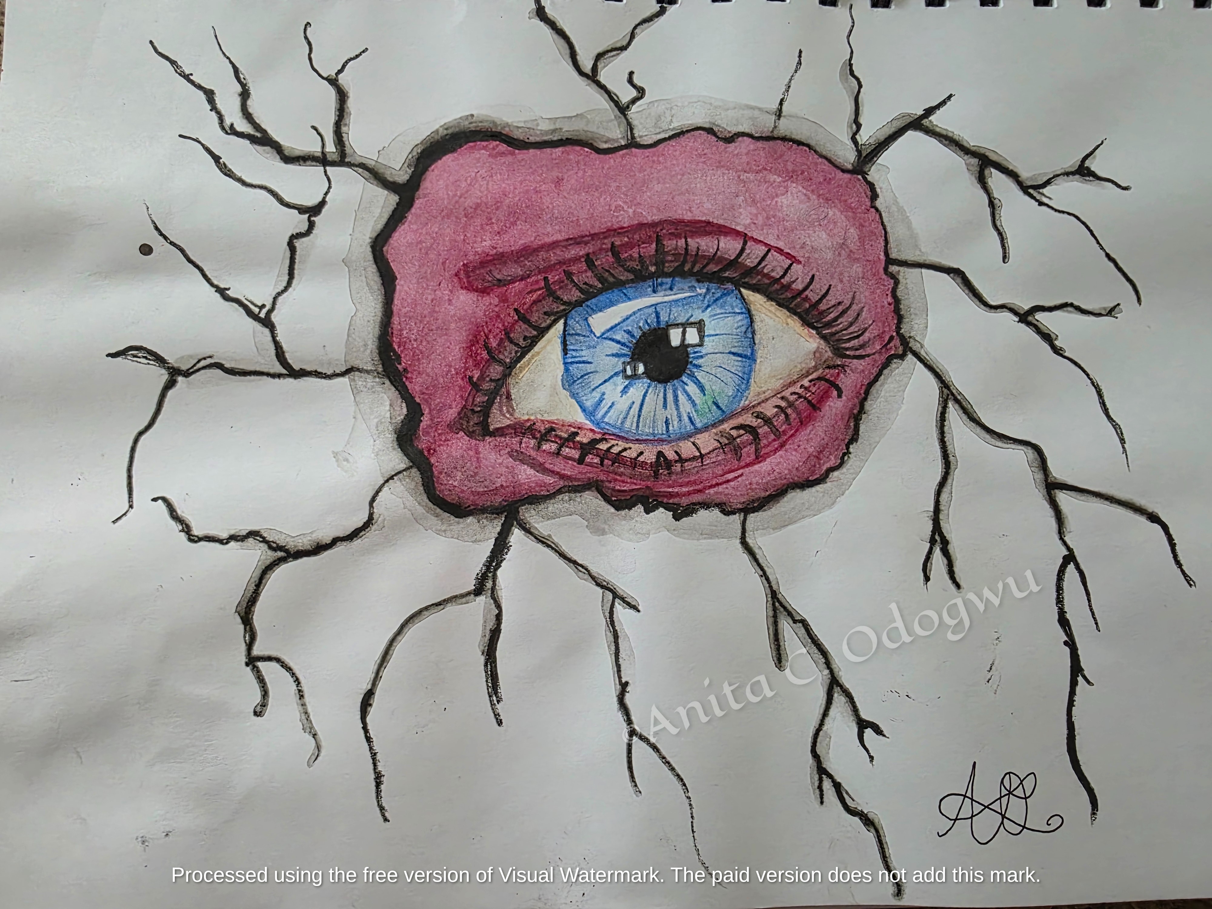 Surreal conceptual art drawing of an eye peeking through geometric torn paper layers